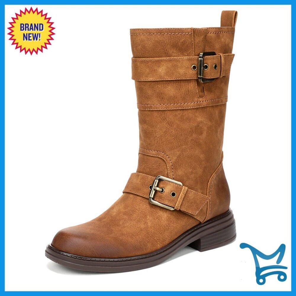 Moto Boots with Buckle Details, Faux Leather, Mid-Calf Height, Size 6